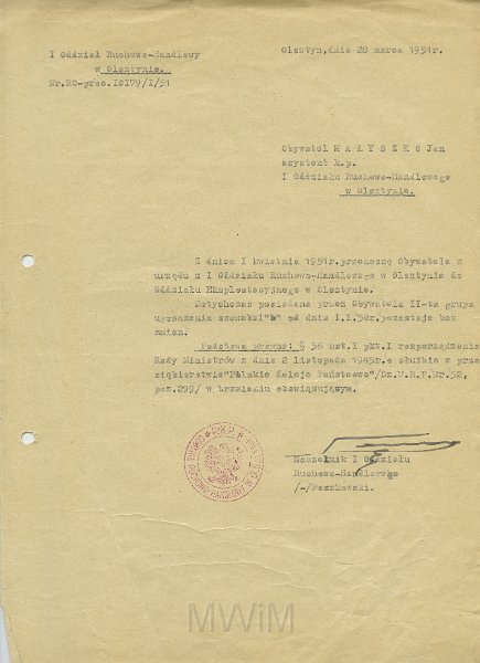 KKE 5645.jpg - Dok. Pismo z I Oddziału Ruchowo-Handlowego w Olsztynie dla Jana Małyszko dotyczące przeniesienia służbowego, Olsztyn, 28 III 1951 r.